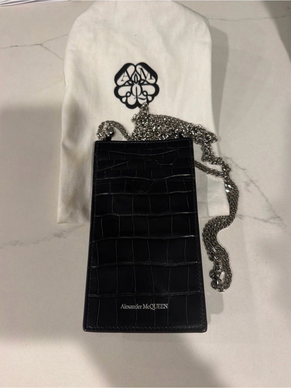 Alexander McQueen Black Croc Embossed Leather Chain Wallet